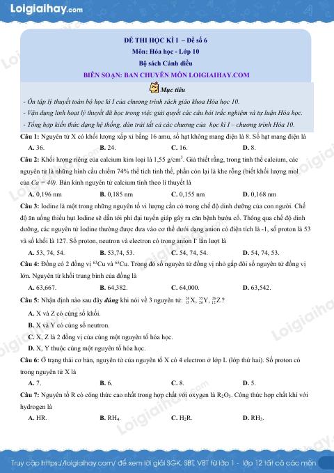 Đề thi học kì 1 Hóa 10 Cánh diều - Đề số 6